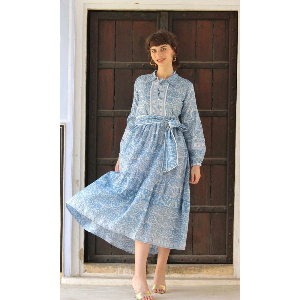 Farylina Blue White Floral Block Print Peacock Midi Dress Long Sleeve Belted L